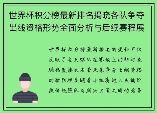 世界杯积分榜最新排名揭晓各队争夺出线资格形势全面分析与后续赛程展望